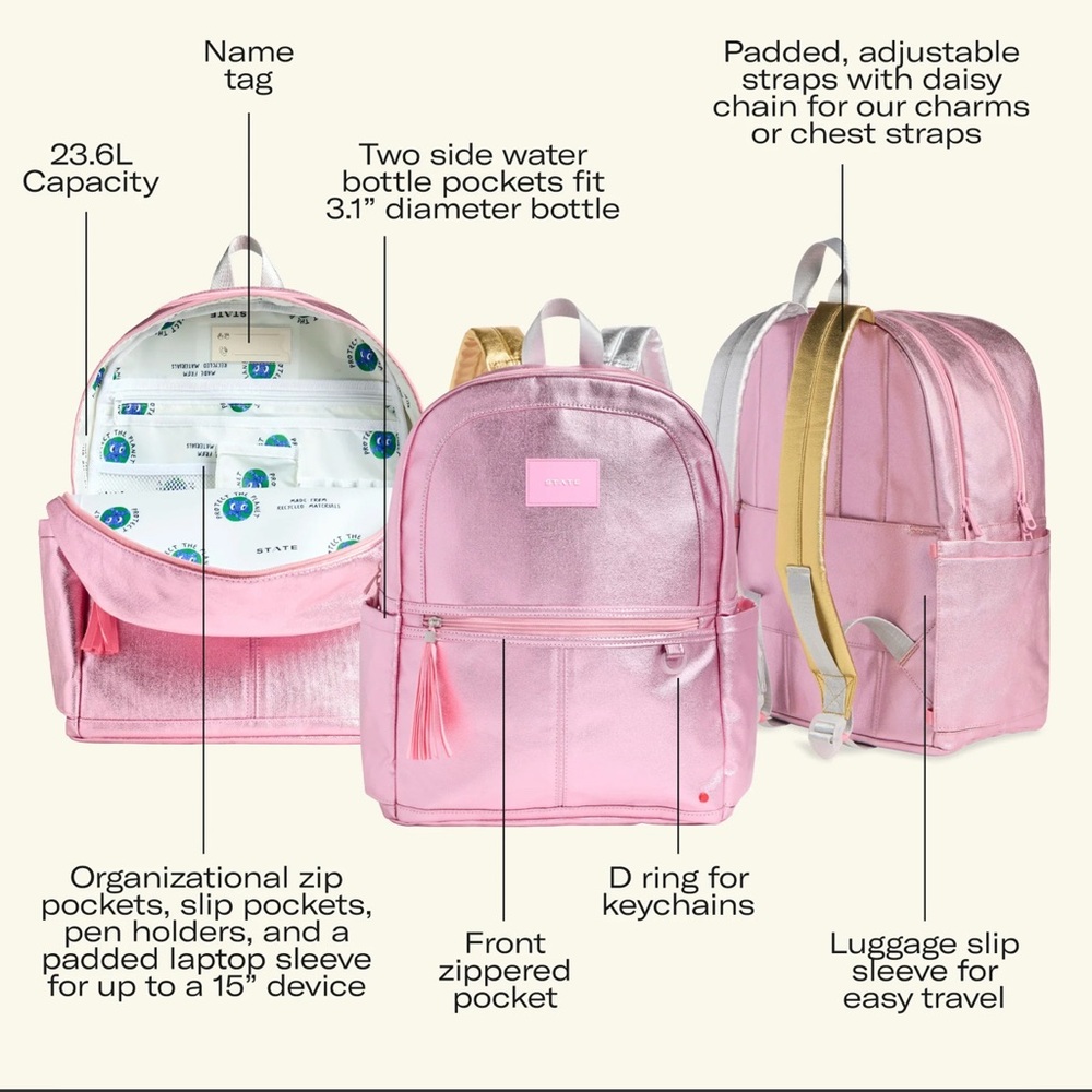 State Kane double pocket Pink Kids Backpack with Water Bottle Pockets
